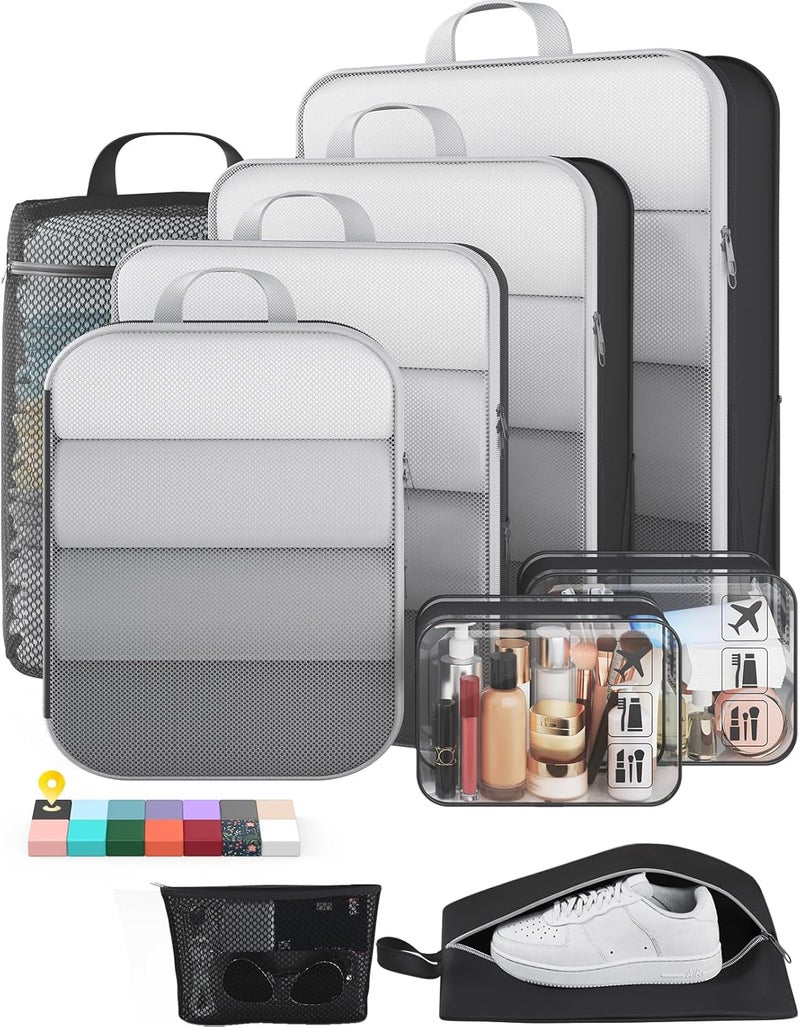 Veken 9/11 Set Compression Packing Cubes for Travel Essentials,Compressible Expandable Large Luggage Suitcase Organizer Bags for Clothing,Durable Space Saver Storage Bags with Toiletry Bags(Black) - Image 1